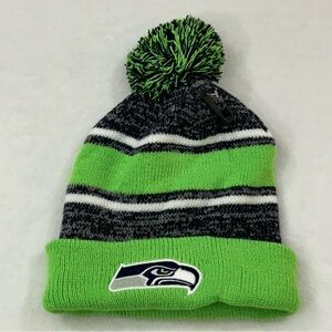 Seattle Seahawks NFL Football Lime & Navy Striped Winter Pom Knit Beanie Hat Cap